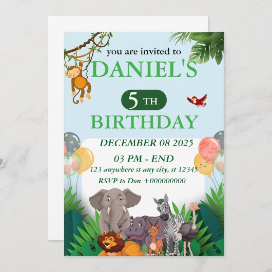 Safari Jungle Birthday Invitation 招待状 (正面/裏面)