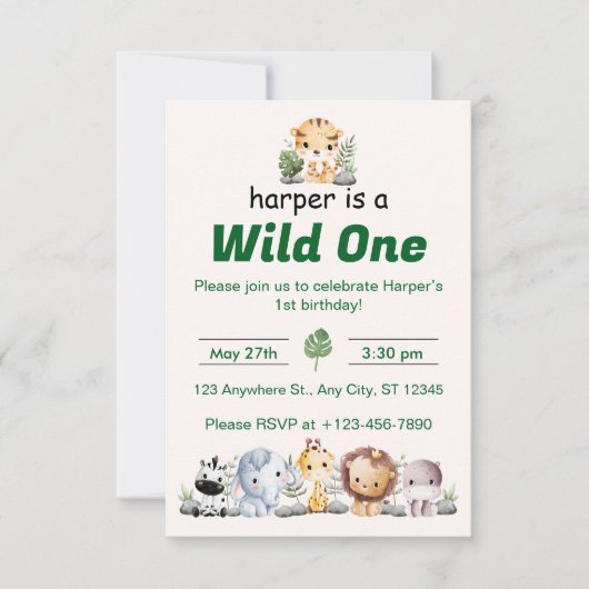 Safari Jungle First Birthday 招待状 (正面)