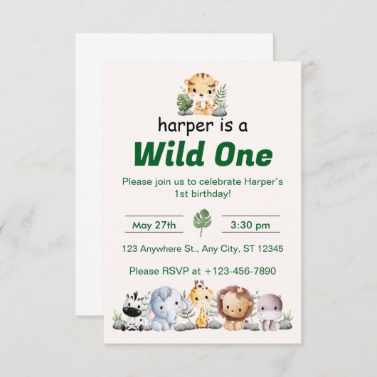 Safari Jungle First Birthday 招待状 (正面/裏面)