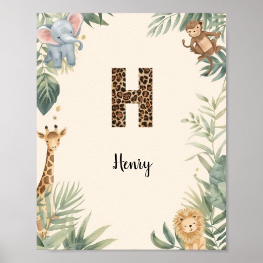 Safari Jungle Personalized Name Monogram H Nursery ポスター (正面)