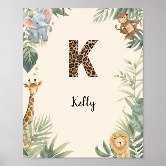 Safari Jungle Personalized Name Monogram K Nursery ポスター (正面)