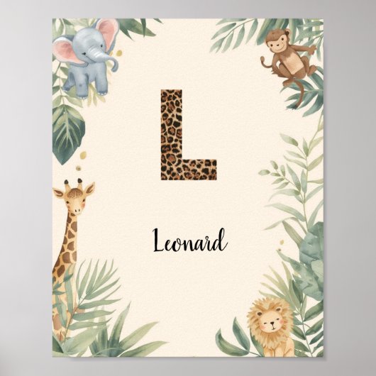 Safari Jungle Personalized Name Monogram L Nursery ポスター (正面)