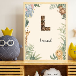Safari Jungle Personalized Name Monogram L Nursery ポスター
