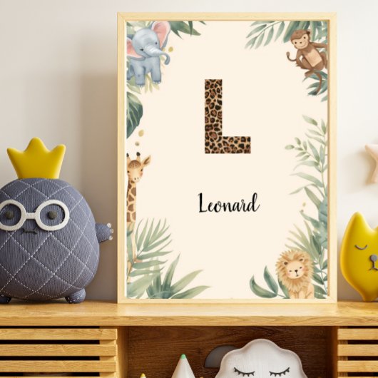 Safari Jungle Personalized Name Monogram L Nursery ポスター