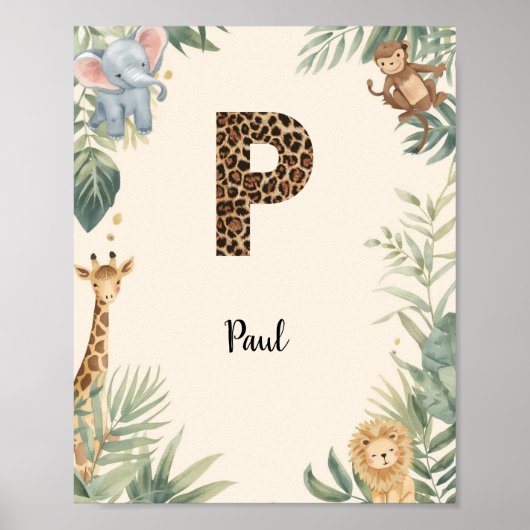 Safari Jungle Personalized Name Monogram P Nursery ポスター (正面)
