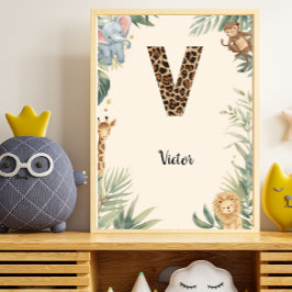 Safari Jungle Personalized Name Monogram V Nursery ポスター