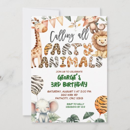 Safari Party Animals birthday invitation 招待状 (正面)
