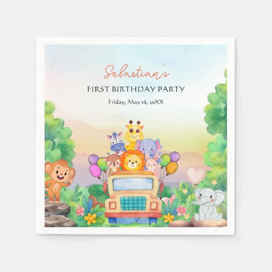 Safari Ride Theme Wild One Boy 1st Birthday スタンダードカクテルナプキン (正面)