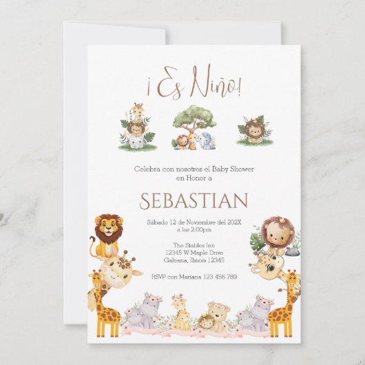 Safari Spanish Baby Shower Boy invitation 招待状 (正面)