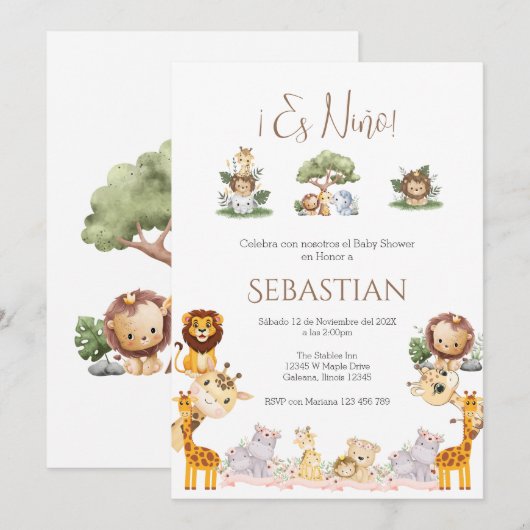 Safari Spanish Baby Shower Boy invitation 招待状 (正面/裏面)