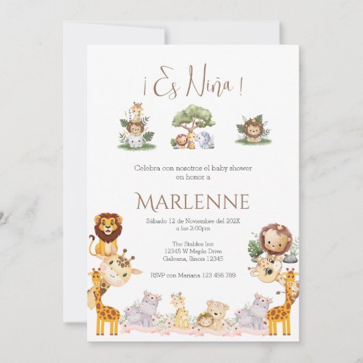 Safari Spanish Baby Shower Girl invitation 招待状 (正面)