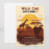 Safari Sunset Jungle Wild One Birthday 招待状 (正面/裏面)