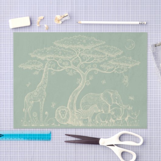 Safari Toile, Neutral Green Baby Wild Adventure 薄葉紙 (クラフト)