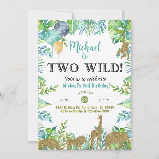 Safari Two Wild boy 2nd birthday invitation. 招待状 (正面)