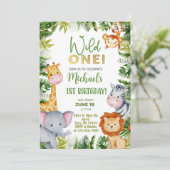 Safari Wild One男の子1歳の誕生日の招待状。 招待状 (スタンド正面)
