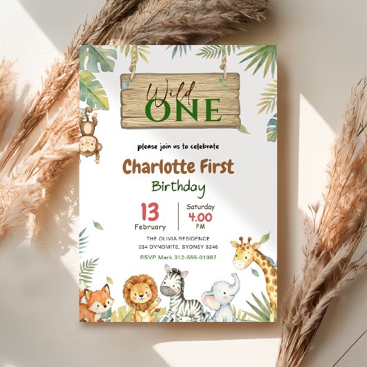 Safari Wild One | ジャングルの動物ベビーの1歳の誕生日 招待状