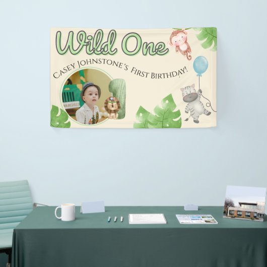 Safari Wild One 1 Photo Watercolor 1st Birthday  横断幕 (トレードショー)