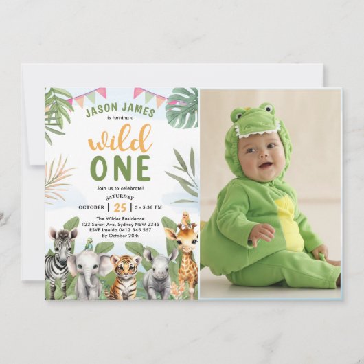 Safari Wild One 1st Boy誕生日写真 招待状 (正面)