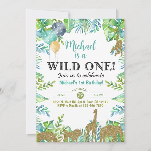 Safari Wild One boy 1st birthday invitation. 招待状 (正面)