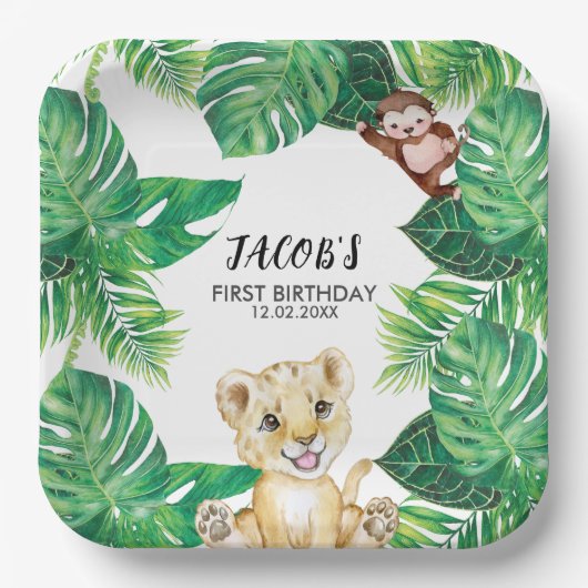 Safari Wild One Jungle Animal 1st Birthday ペーパープレート (正面)