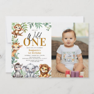 Safari Wild One Jungle Animals 1st Birthday Photo 招待状
