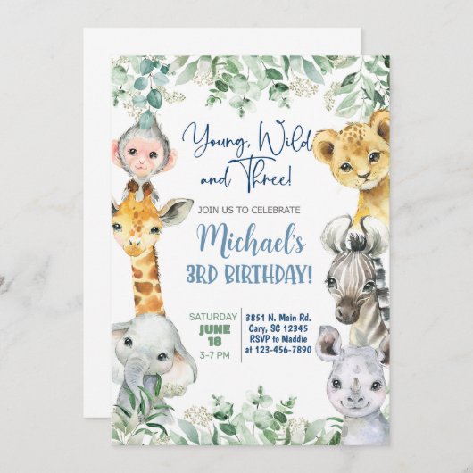 Safari Young, Wild & Three boy 3rd birthday invite 招待状 (正面/裏面)
