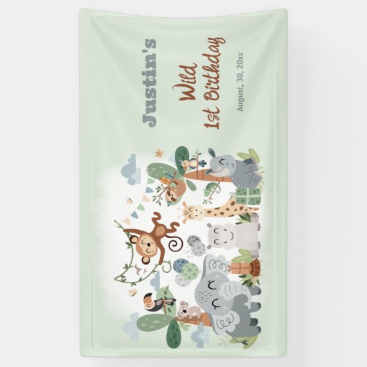 Safari ZOO Animals Wild One Green誕生日 横断幕 (縦)