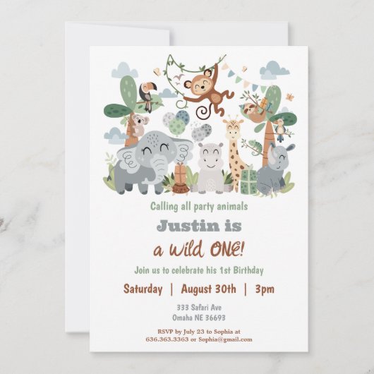 Safari ZOO Boho Animals Wild One 1 Birthday 招待状 (正面)