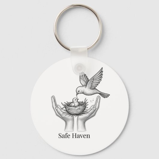 Safe Haven - 人の手の中の鳥 自然アートマーケット キーホルダー (正面)