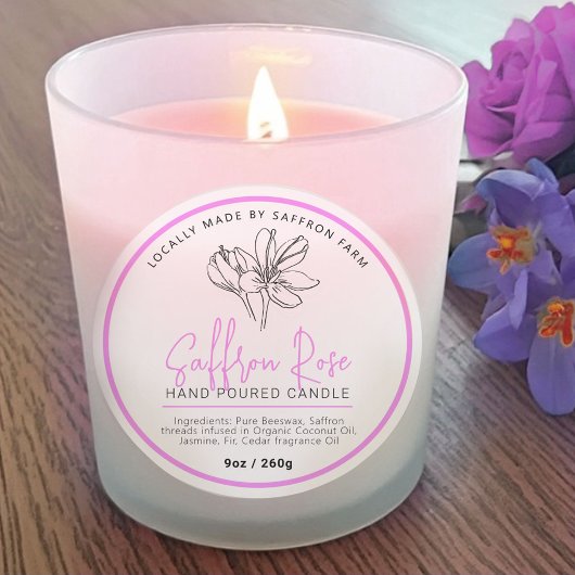 Saffron rose candle ingredient drawn logo mauve ラウンドシール