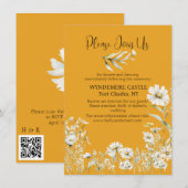 Saffron Yellow, Daisy Floral Wedding QR Code エンクロージャーカード (正面/裏面)