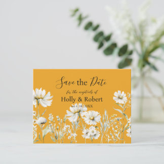 Saffron Yellow, Daisy Floral Wedding Save the Date ポストカード