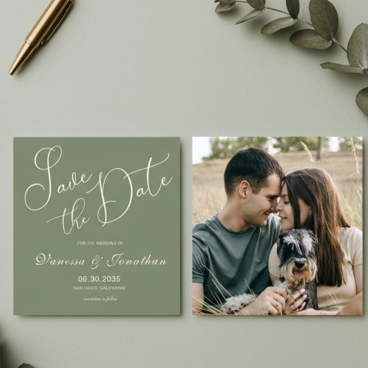 Sageエレガント Green写真の結婚式の日付を保存 セーブザデート