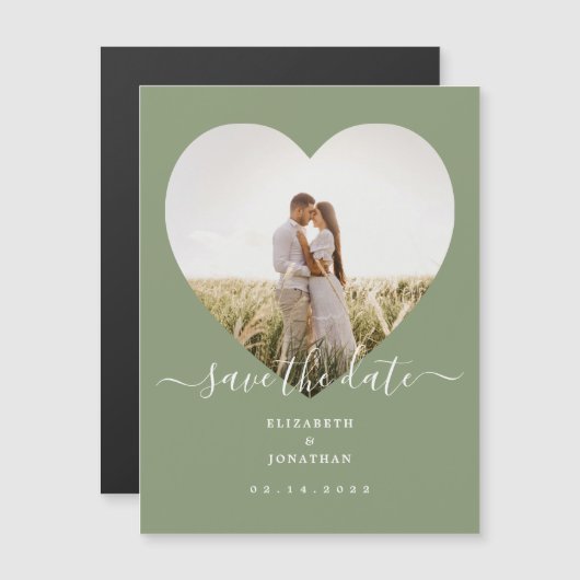 Sageエレガント Green写真の結婚式の日付を保存 マグネット招待状 (正面/裏面)