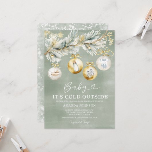  sageグリーンの外は雪のクリスマスベイビーシャワー 招待状 (正面/裏面インサイチュ)