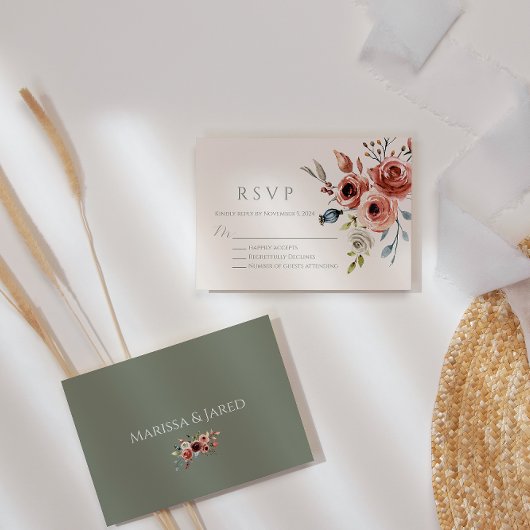 SageグリーンエレガントフローラRSVPカード 出欠カード
