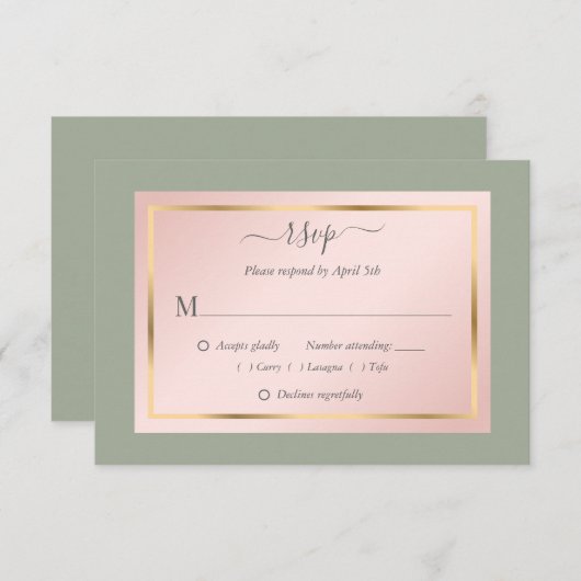 Sageグリーンエレガント赤面金ゴールドウェディングRSVPカード 出欠カード (正面/裏面)