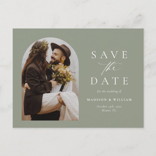 Sageグリーンフォトアーチ結婚式の日付を保存 ポストカード (正面)