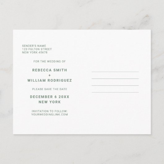 Sageグリーンフォトウェディング日付を保存招待状 ポストカード (裏面)