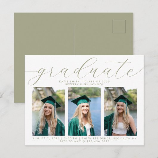 Sageスクリプトエレガントミニマル卒業式3写真 インビテーションポストカード (正面/裏面)