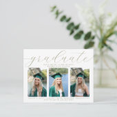 Sageスクリプトエレガントミニマル卒業式3写真 インビテーションポストカード (スタンド正面)