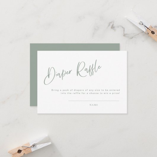  sageブルー/グリーンのベイビーシャワーディーパーラッフルカード (正面/裏面インサイチュ)