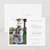 Sageミニマル Green写真の結婚式の日付を保存 インビテーションポストカード (正面/裏面)