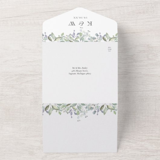 Sage薄紫フローラ金ゴールド幾何学的QRコード結婚s オールインワン招待状 (外側)