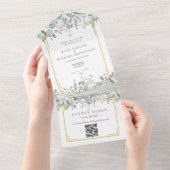 Sage薄紫フローラ金ゴールド幾何学的QRコード結婚s オールインワン招待状 (貼ってはがせる)