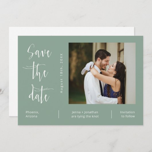 Sage エレガント Green QRコード写真の保存日付 招待状 (正面/裏面)