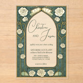  sage グリーンのステンドグラス フローラル アートヌーボー ウェディング  アクリル招待状 (正面)