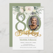 Sage and Gold Floral Photo 80th Birthday  招待状 (正面/裏面)