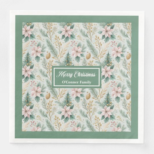 Sage and Gold Napkins Custom Christmas Monogram (正面)