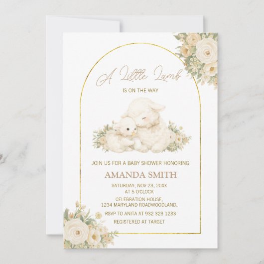 Sage and Ivory Little Lamb Baby Shower Invitation 招待状 (正面)